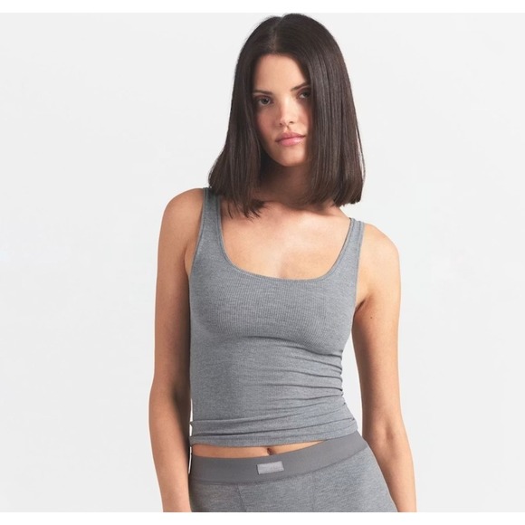 SKIMS Tops - SKIMS Cotton Rib Tank Top Women Medium Heather Grey Scoop Neck Ribbed Fitted